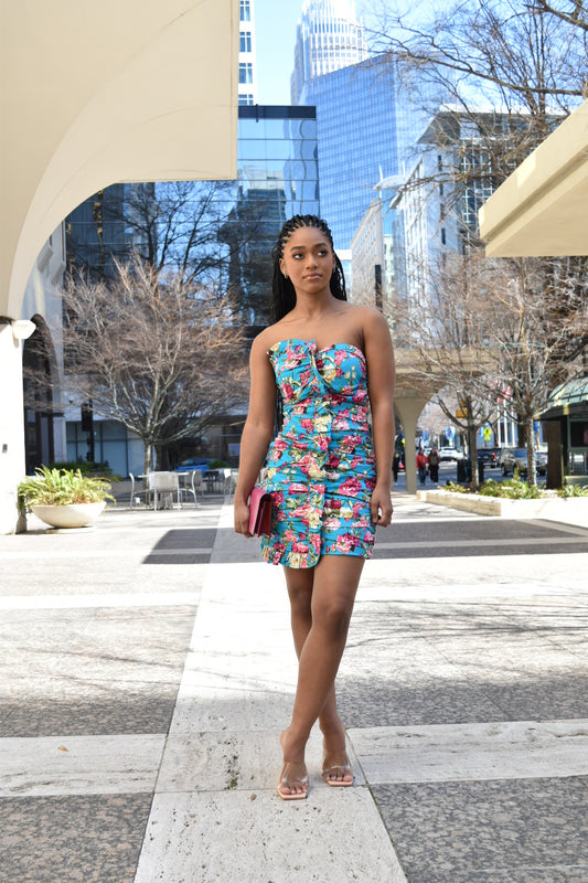 FLROAL PRINT RUCHED AND RUFFLED BODYCON DRESS | Turquoise