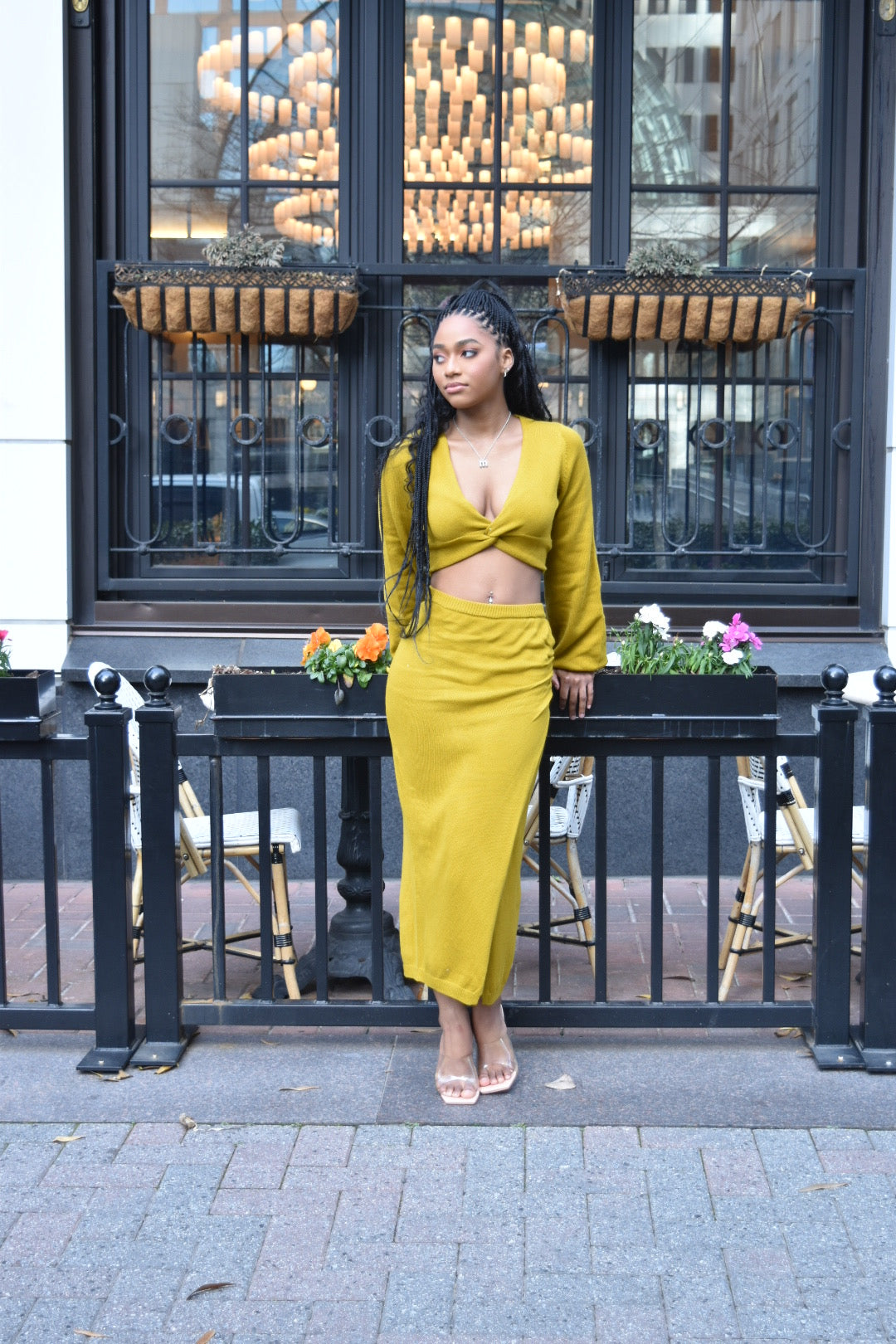 FRONT TWIST KNIT TOP AND MIDI SKIRT SET